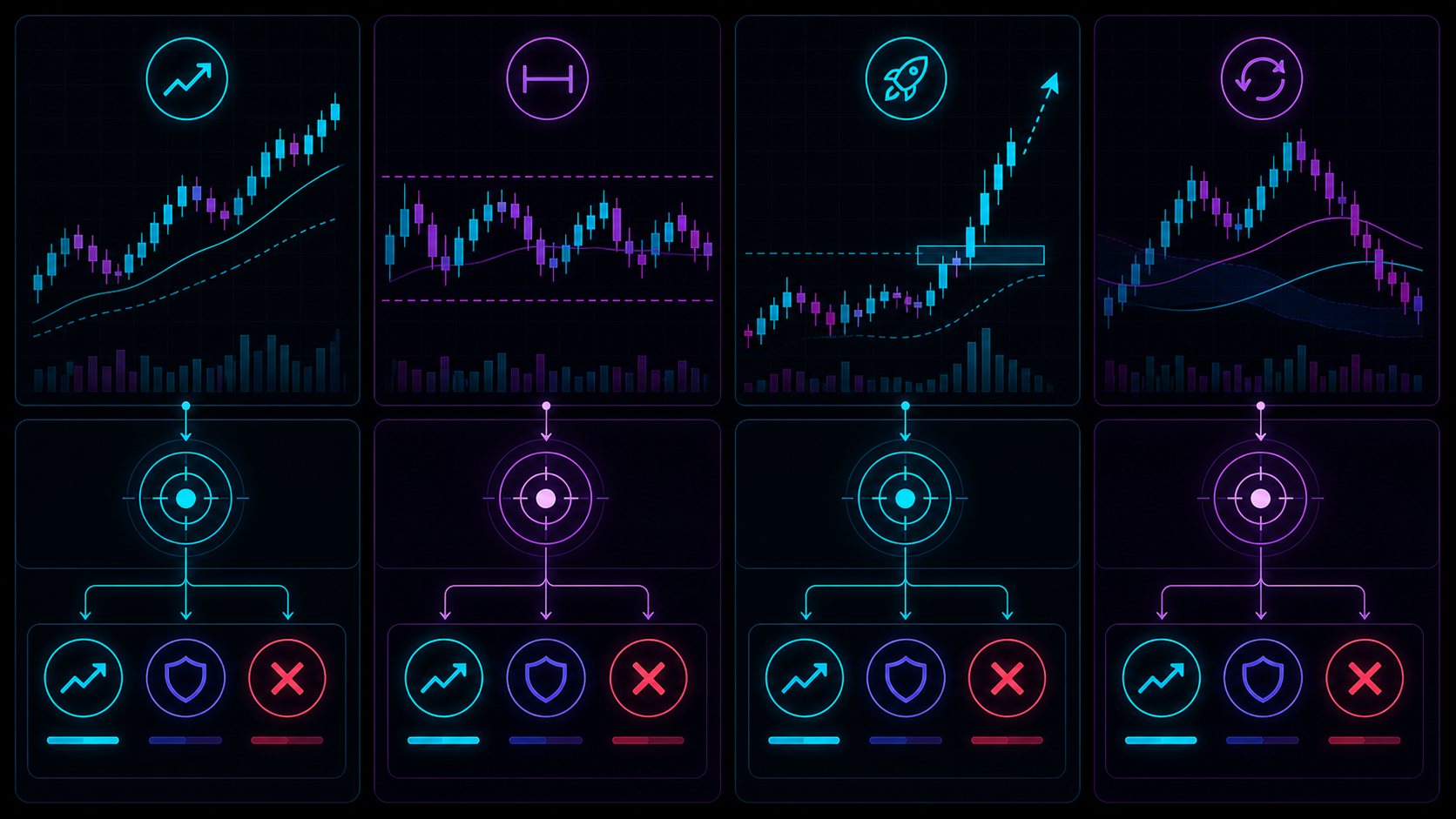 Strategy modes mapped to trend, range, breakout, and transition regimes