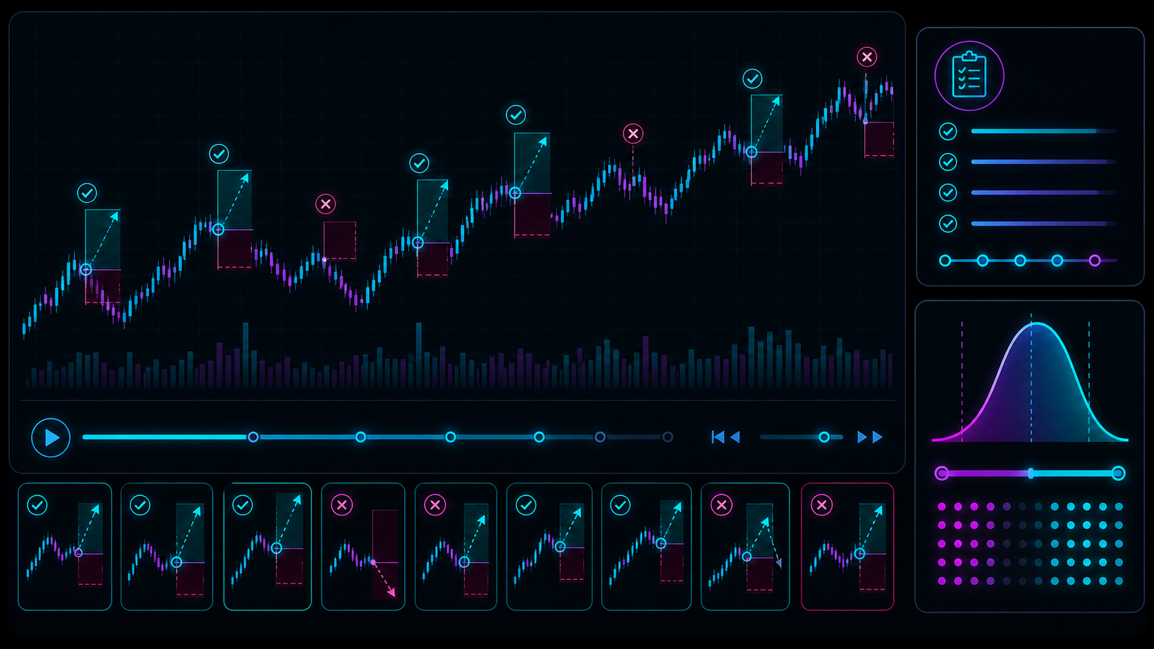 Backtesting workflow with historical chart, rule checklist, and result distribution