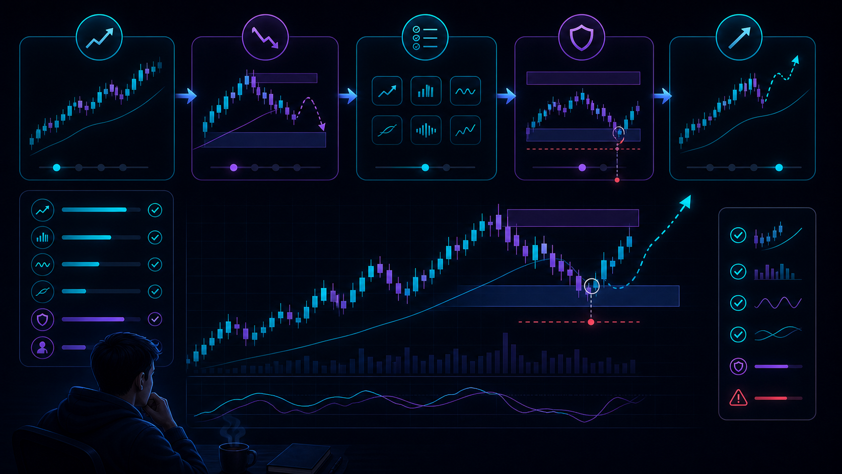 A breakout setup workflow showing compression, breakout, retest, failure risk, volume context, and planned entry