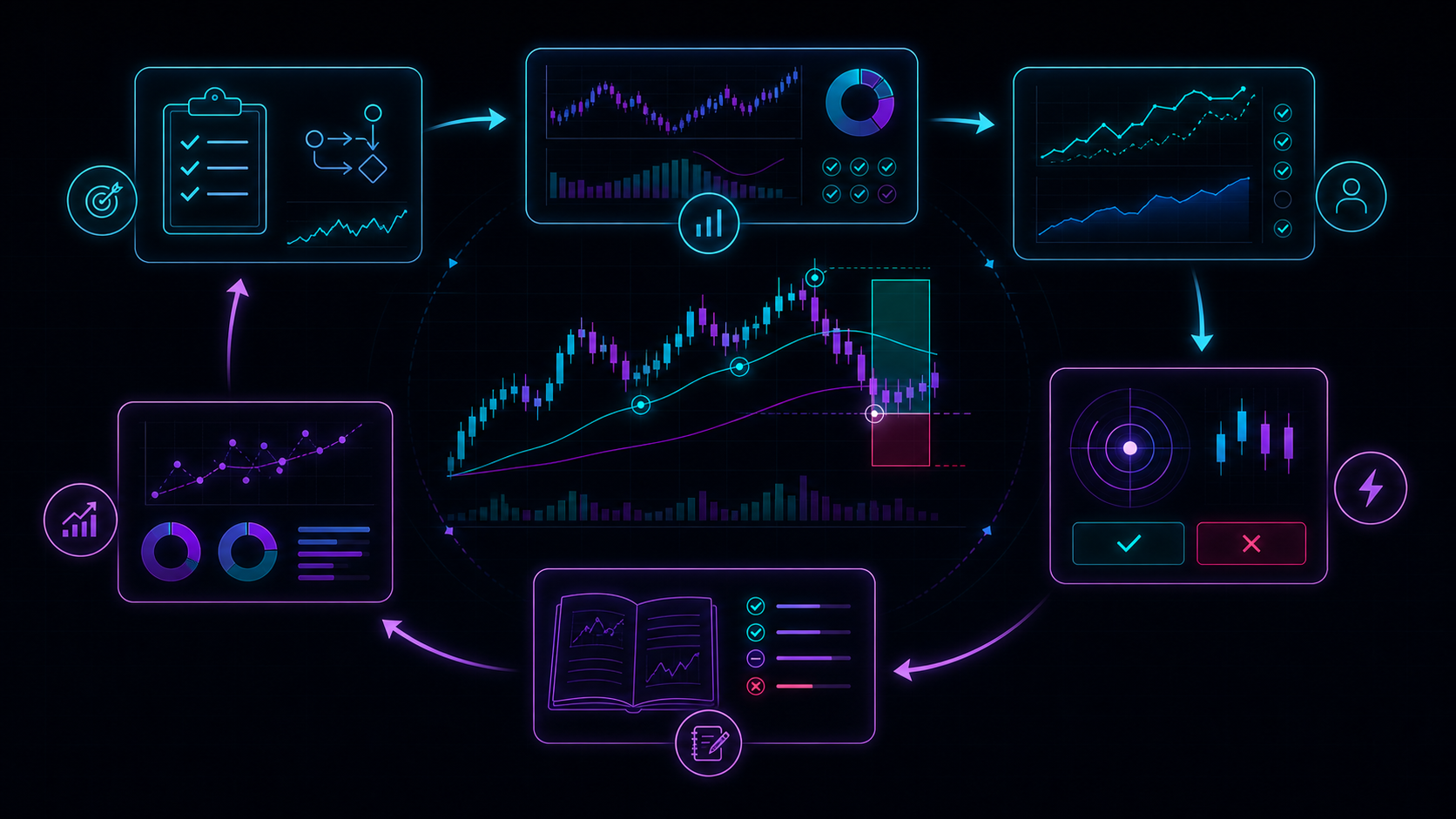A structured trading strategy workflow from rules to testing, execution, review, and improvement