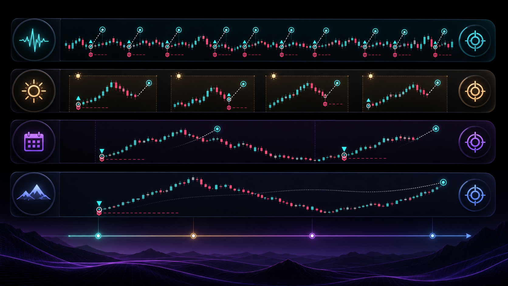 Four different trading rhythms from scalping to position trading
