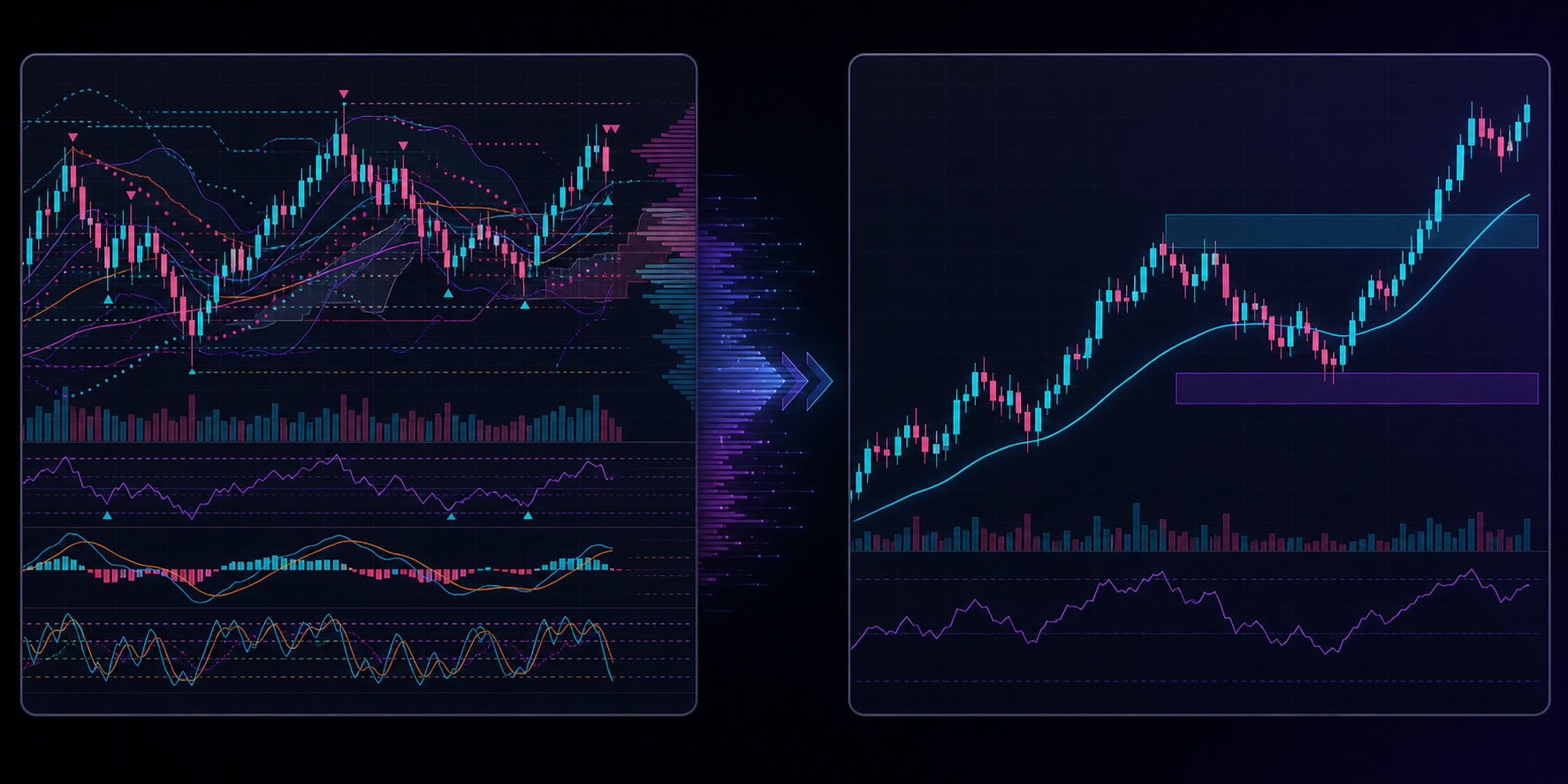The same trading chart shown with excessive clutter and with a focused decision-oriented layout