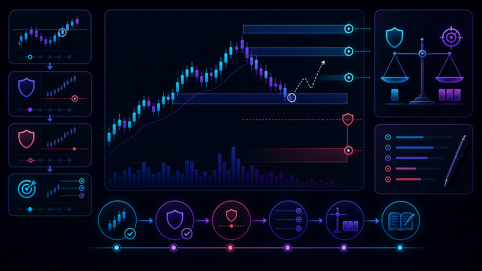 A clean ZenAlgo chart workflow showing a small curated stack of tools for trend, levels, readiness, and review without visual clutter