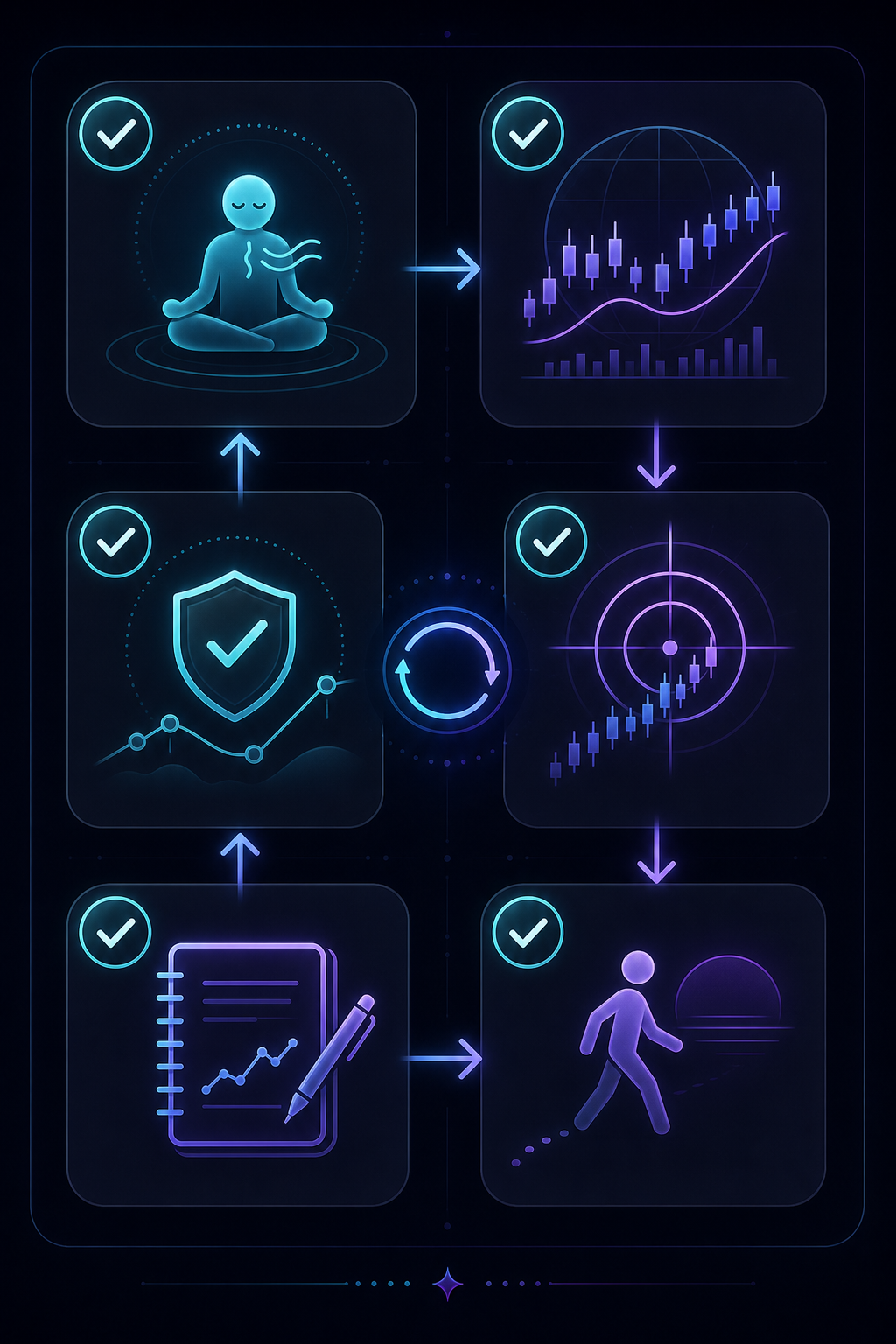 A printable daily trading psychology reset framework with calm state, context, setup, risk, review, and off-screen reset icons