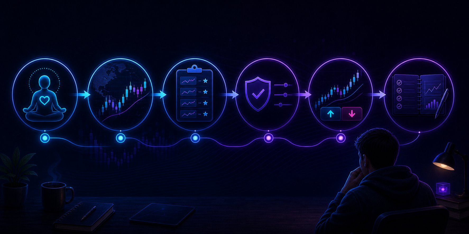 A beginner daily trading routine moving from preparation to market context, setup watchlist, risk planning, execution, and journal review