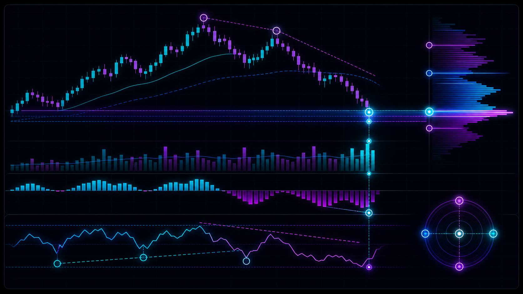 A neon trading dashboard showing price, oscillator divergence, delta disagreement, and confluence layers