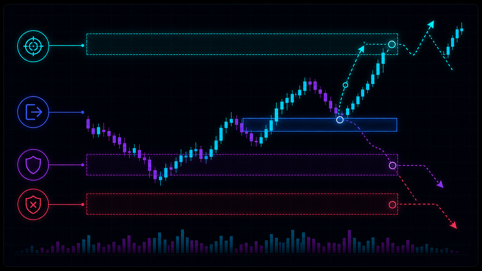 Entry, invalidation, stop, and target zones on a structured trade plan