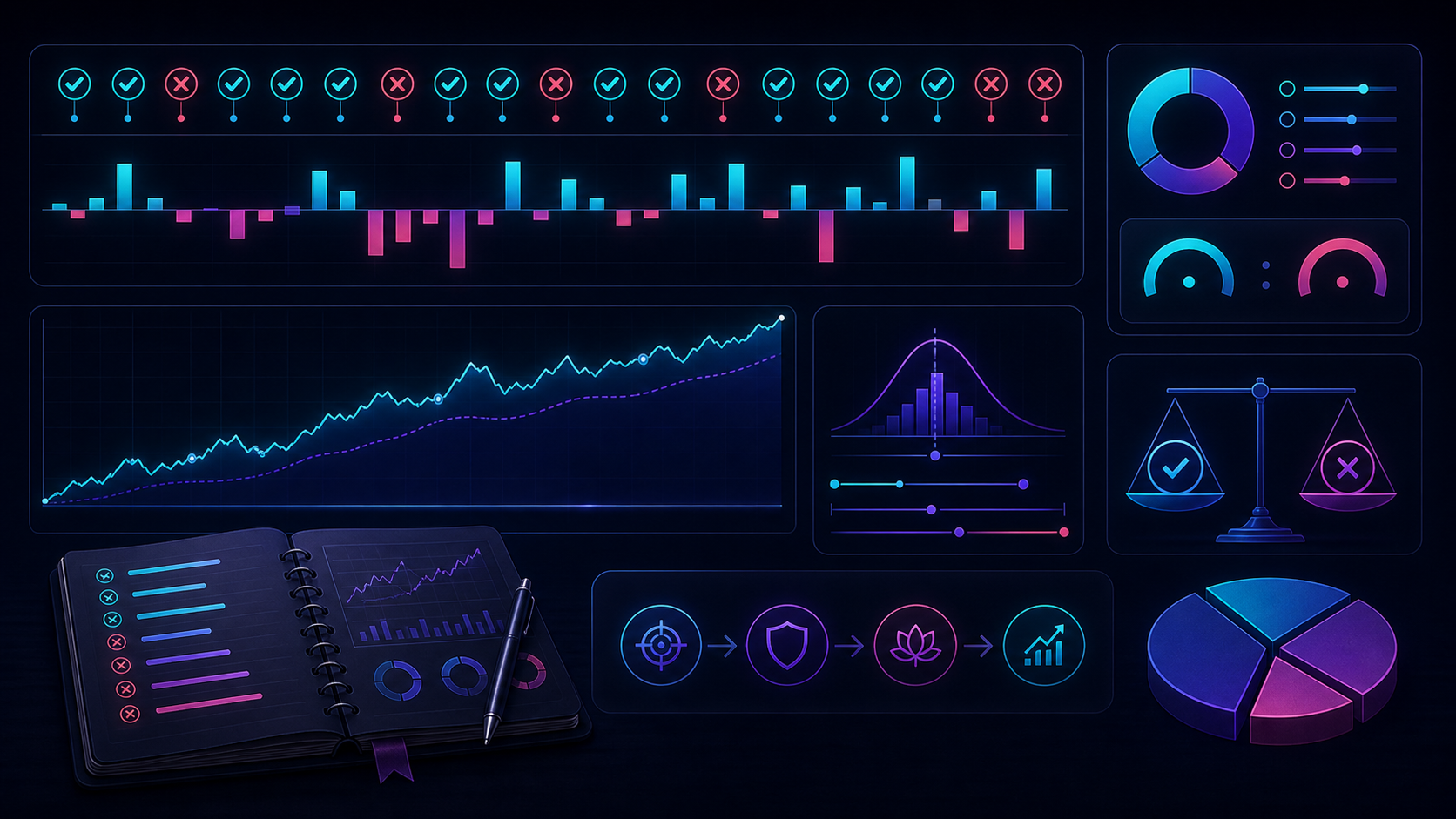 A worked example showing trade results measured in R, expectancy, profit factor, and average performance