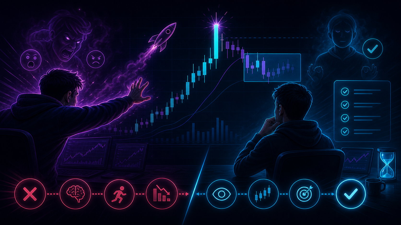 FOMO trading scene showing a trader chasing a late candle versus waiting for a planned pullback