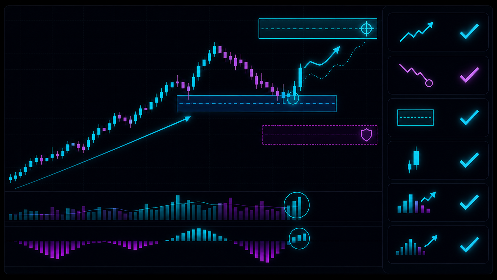 A high-probability setup checklist aligning trend, level, signal, confirmation, and risk
