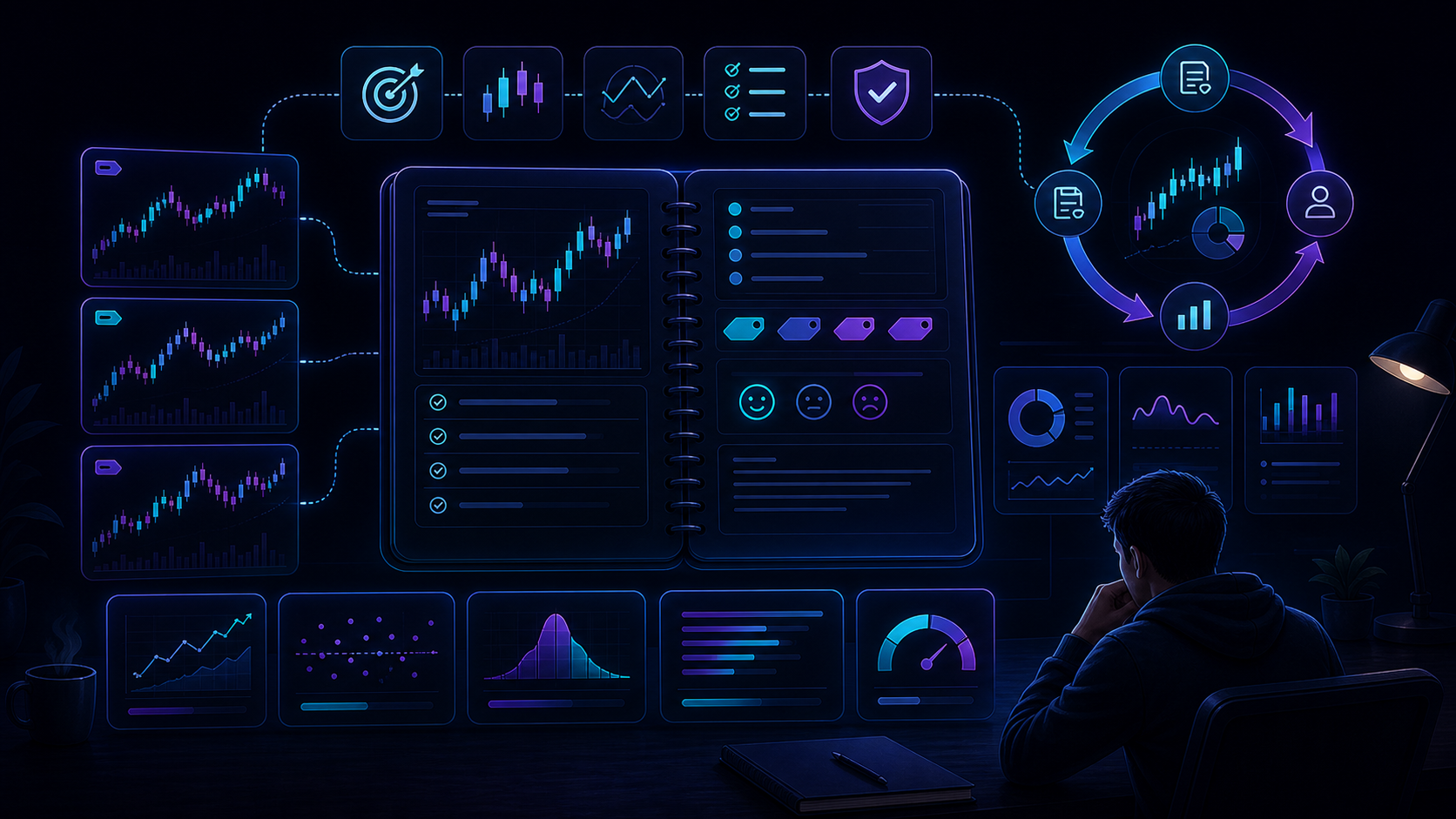 A trading journal dashboard connecting screenshots, setup tags, market regimes, rule adherence, and performance metrics