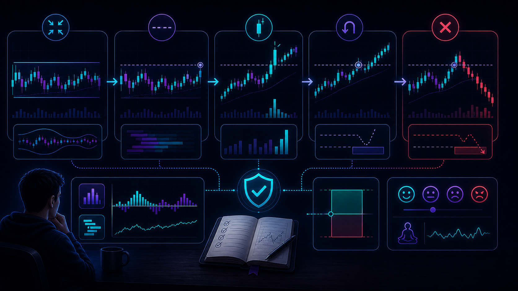 A mean-reversion workflow showing range context, price extension, exhaustion, value target, invalidation, and confirmation