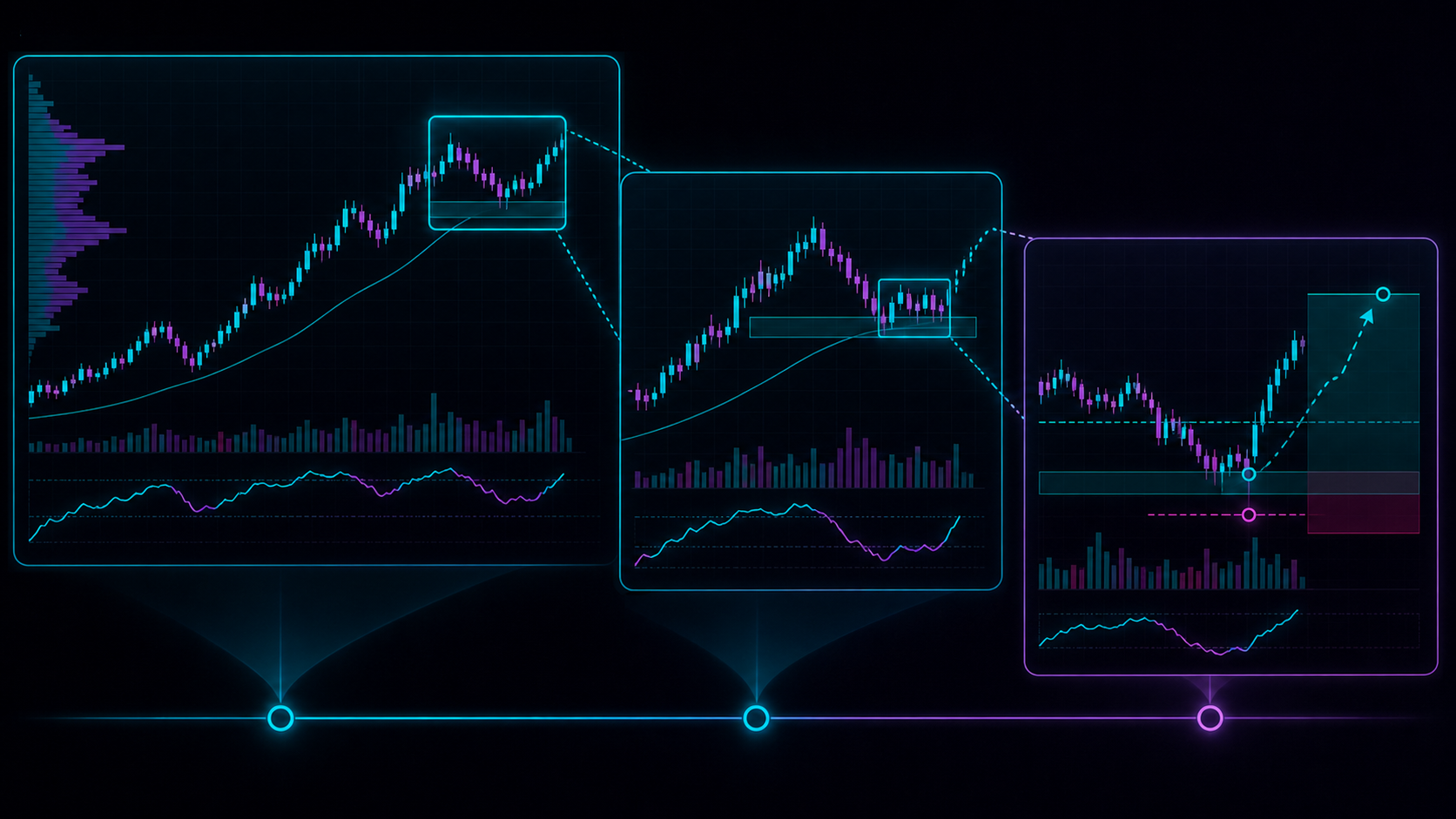 Nested higher, decision, and execution timeframe chart panels