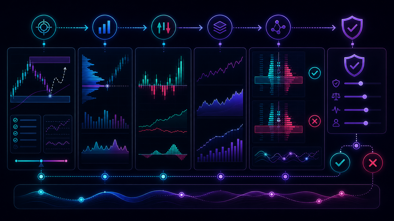 A trade planning workflow showing entry trigger, invalidation level, stop placement, targets, risk-to-reward, and journal note