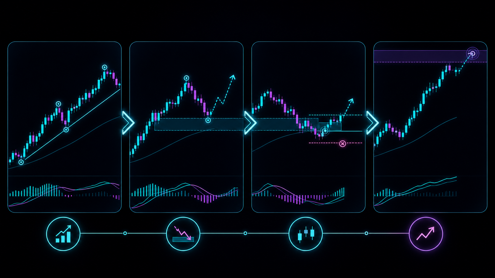 A trade workflow connecting context, entry, invalidation, and target