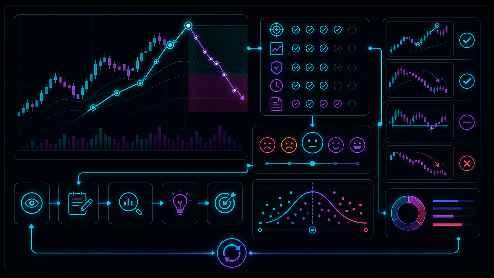 Post-trade review workflow separating process score, setup fit, execution quality, and PnL