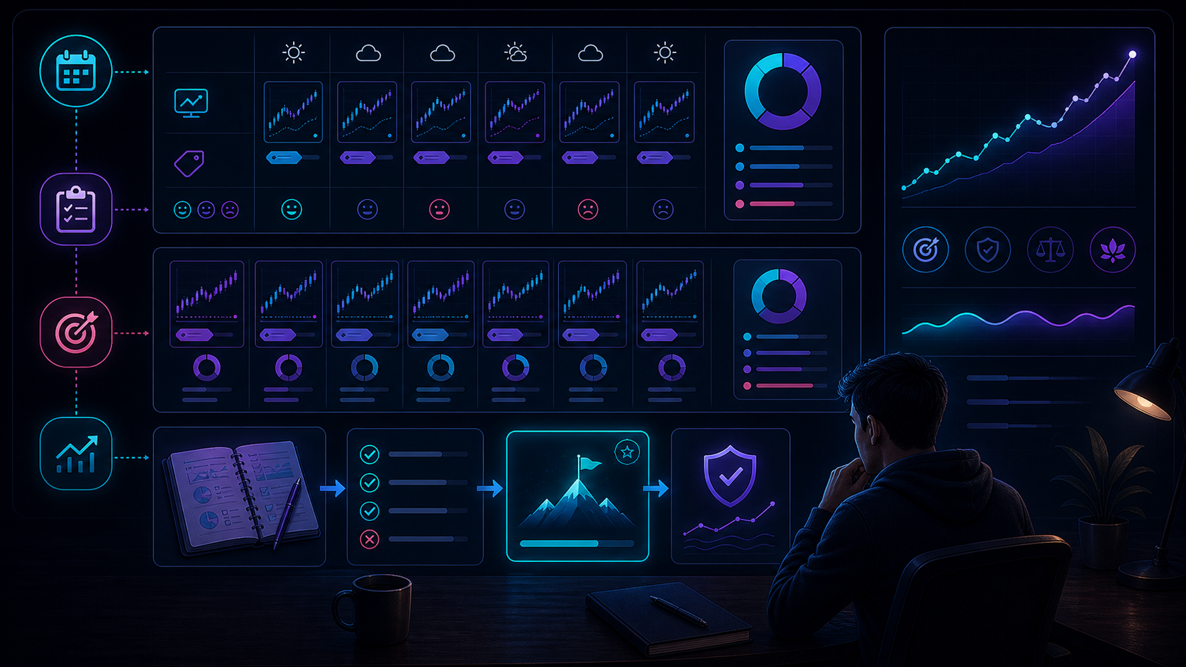 A practical trading workflow board connecting daily routine, top-down analysis, setup selection, risk planning, confirmation, and journal review