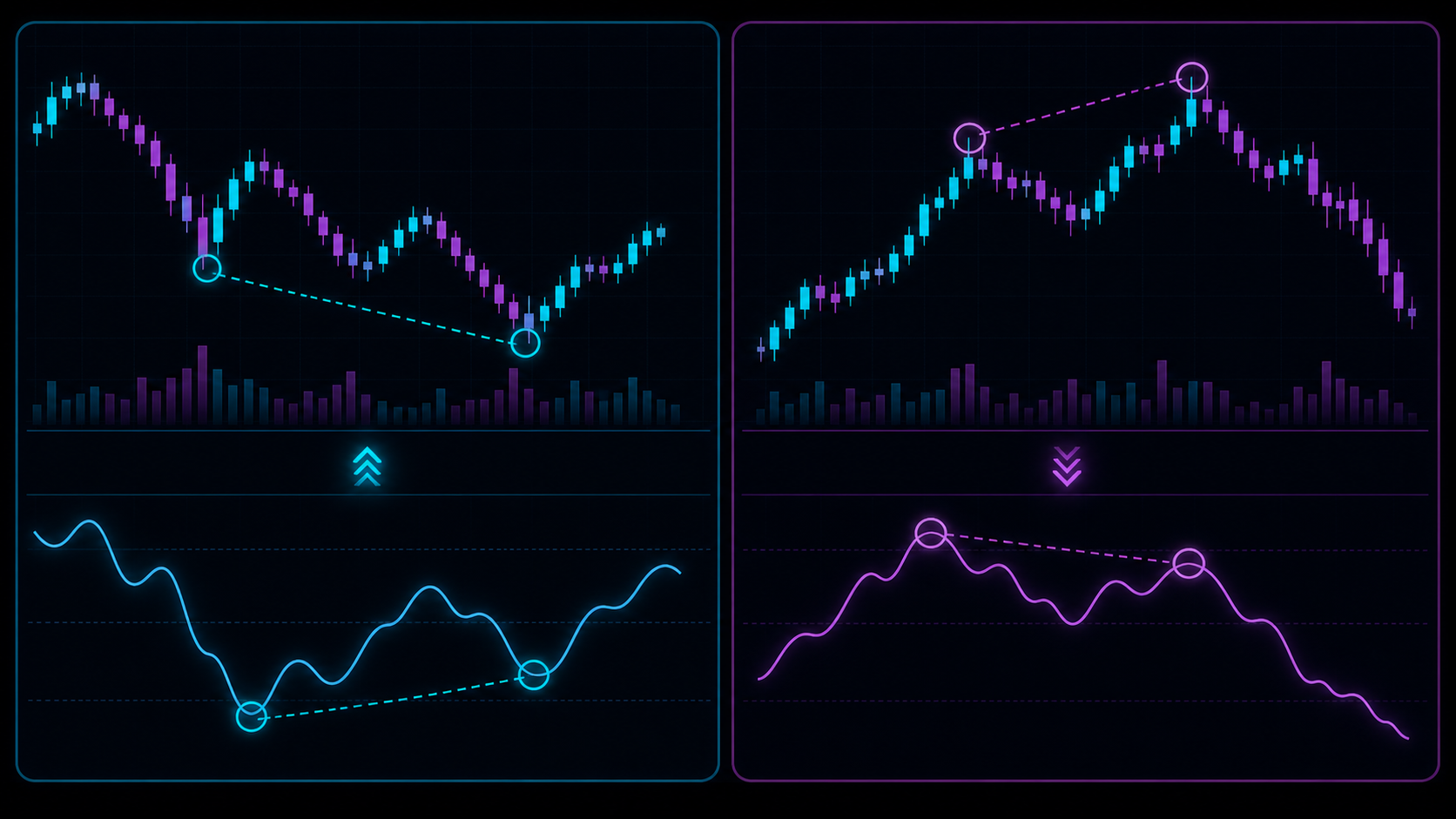 Regular bullish and bearish divergence shown on price and oscillator panels