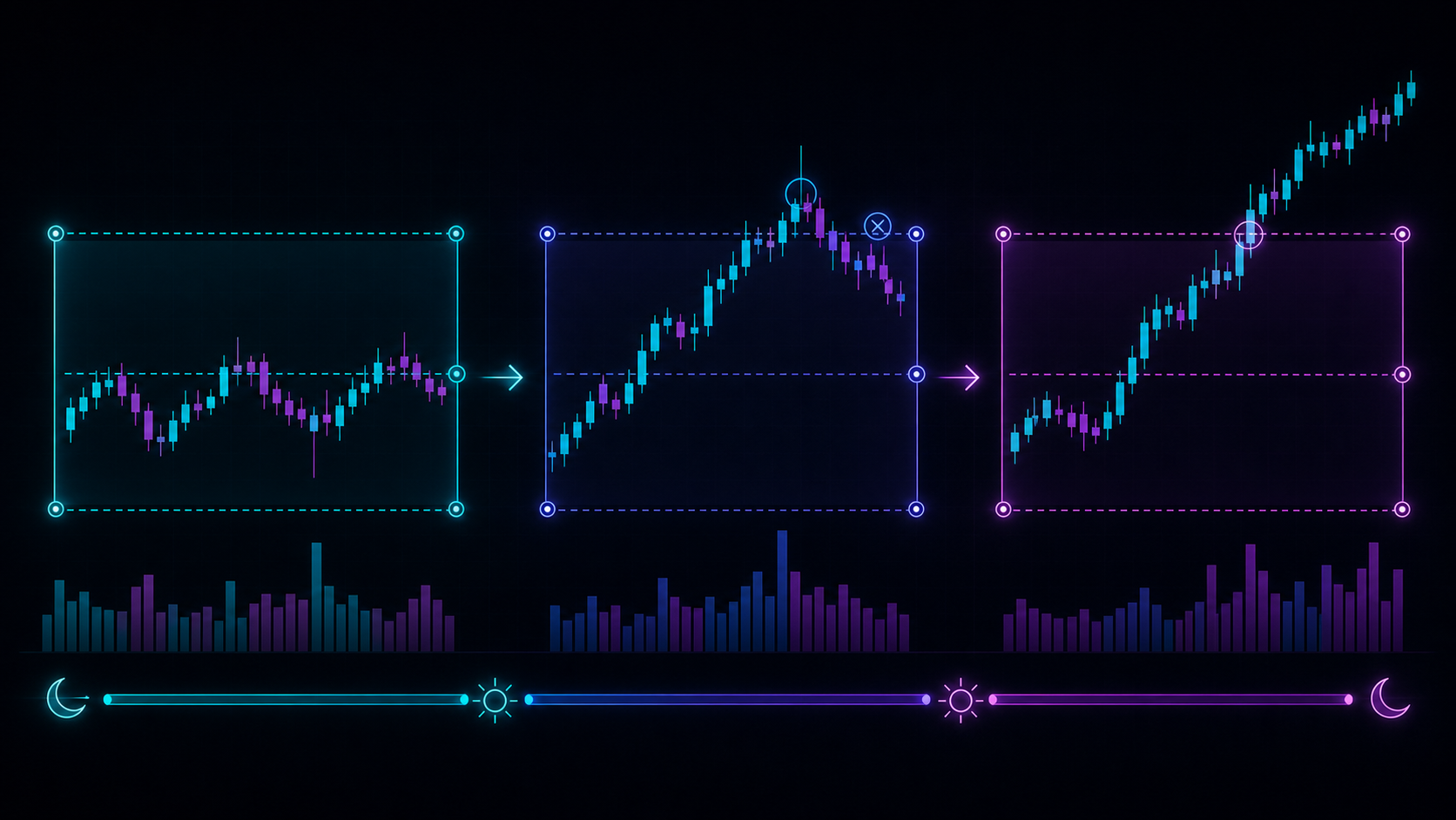 Sequential trading session boxes with ranges, midpoint, volume, and breakout behavior