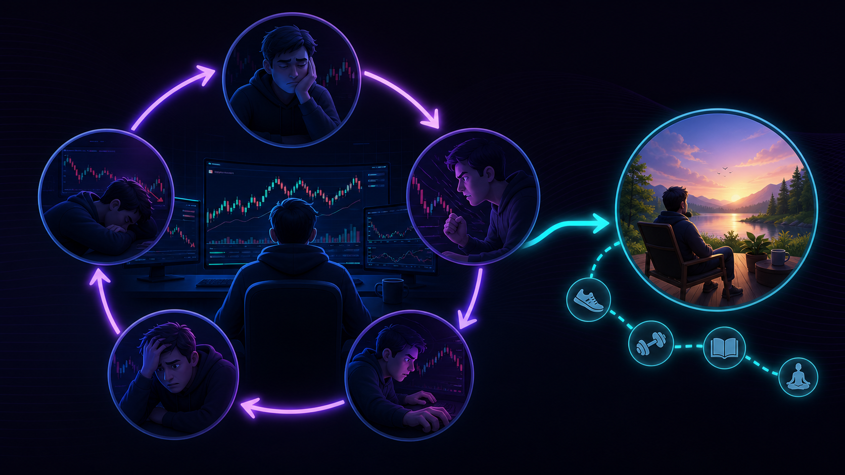 Overtrading cycle from boredom and urgency to impulsive entries, fatigue, and reset