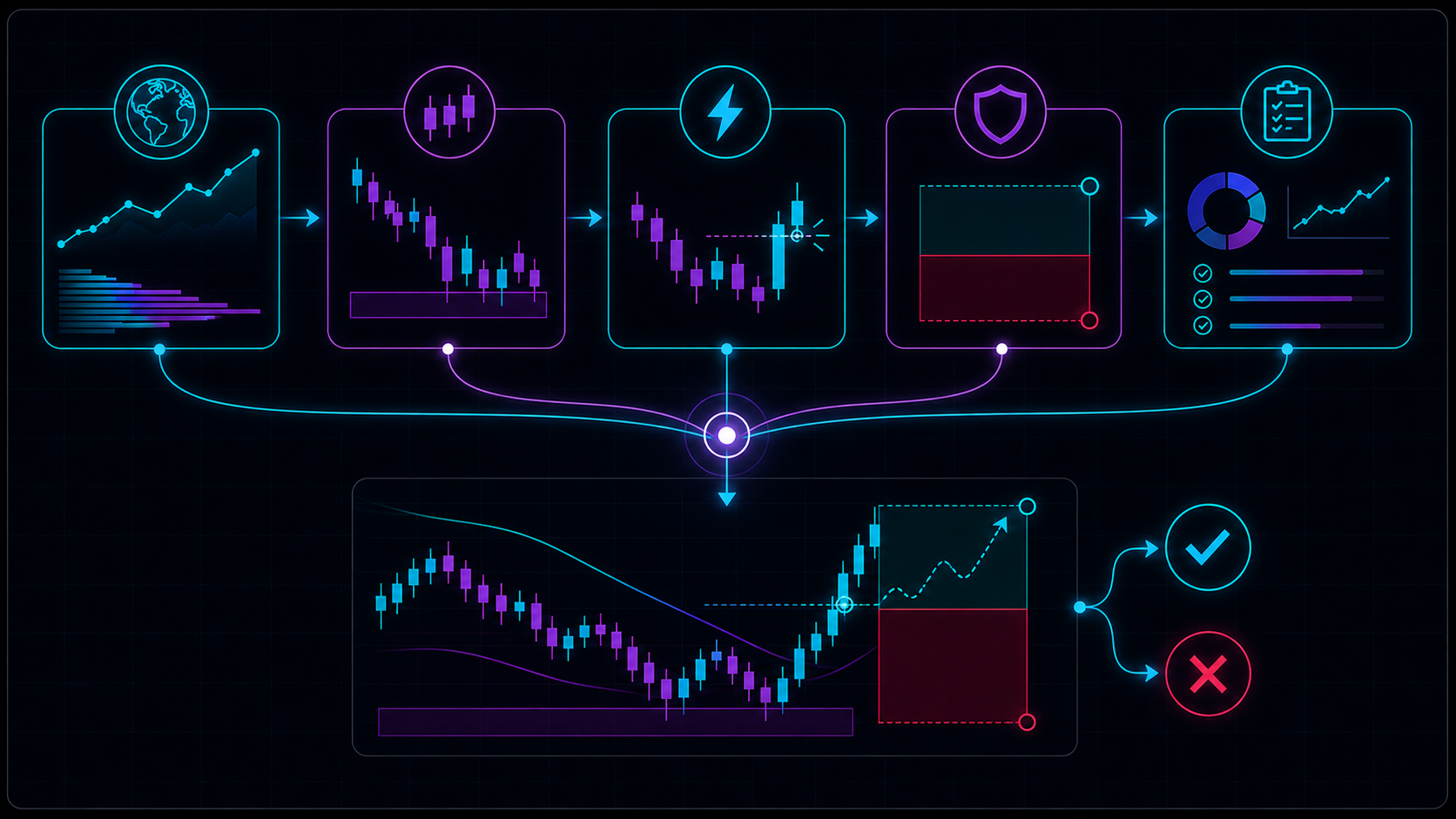 Strategy building blocks from context to setup, trigger, risk, and review