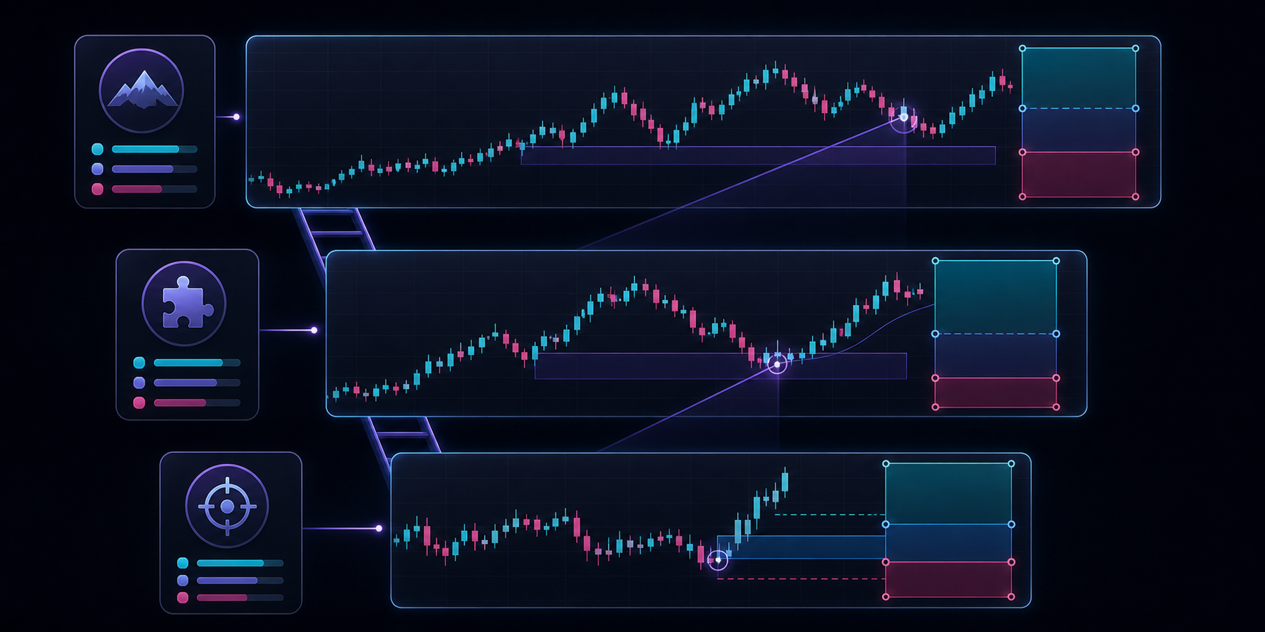 The same market move viewed as higher-timeframe context, setup structure, and lower-timeframe execution