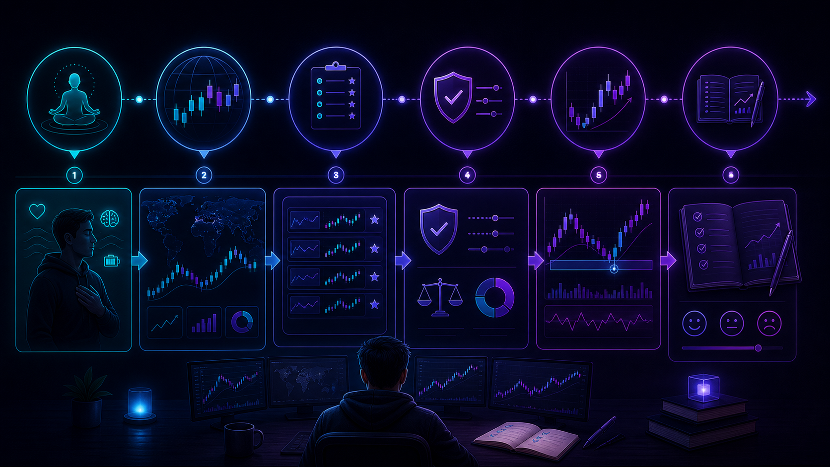 A top-down chart analysis workflow from higher timeframe context to trend, levels, setup, confirmation, and execution