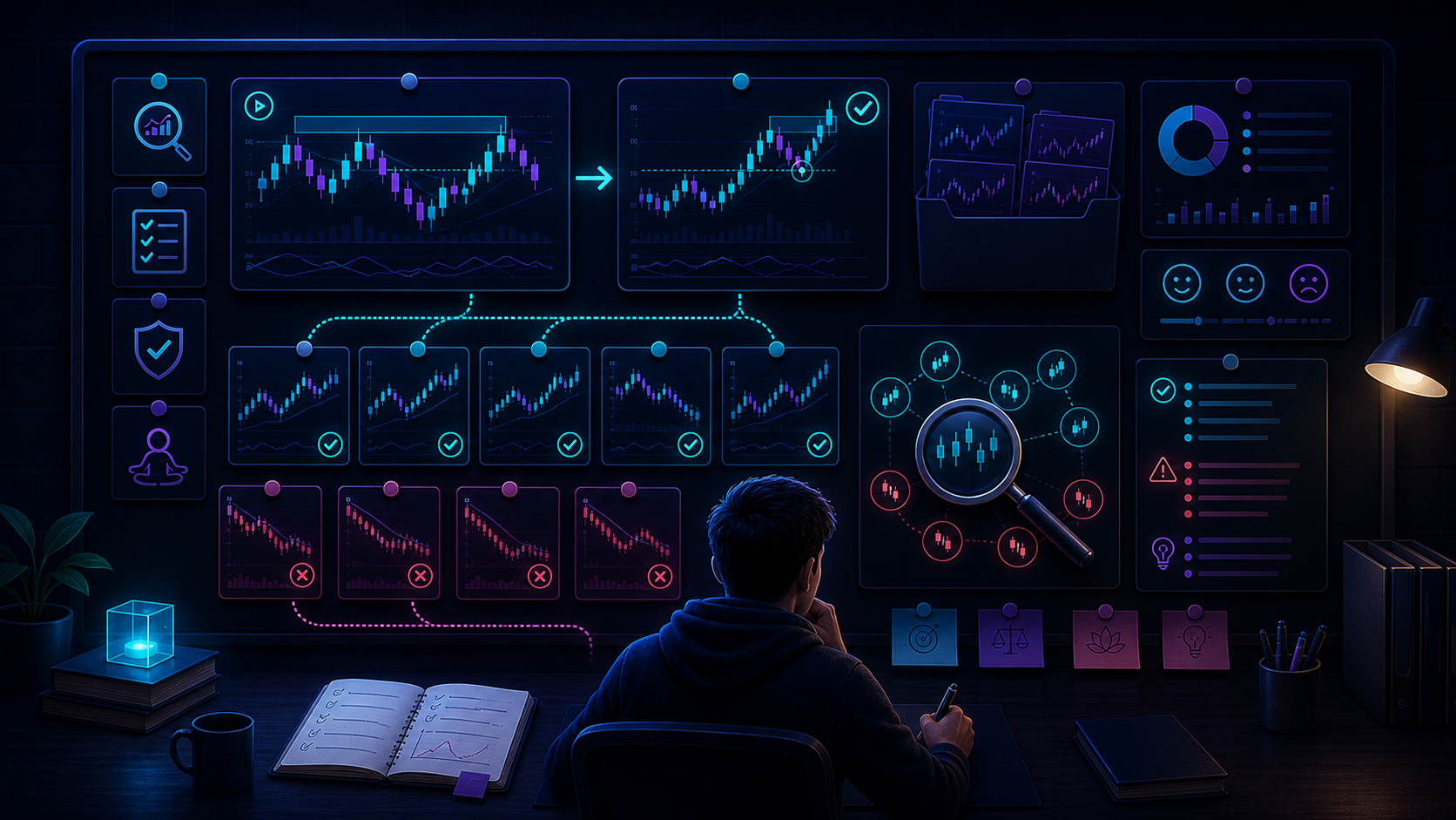 A trade tagging system grouping trades by setup type, market regime, trend state, volatility, and ZenAlgo context