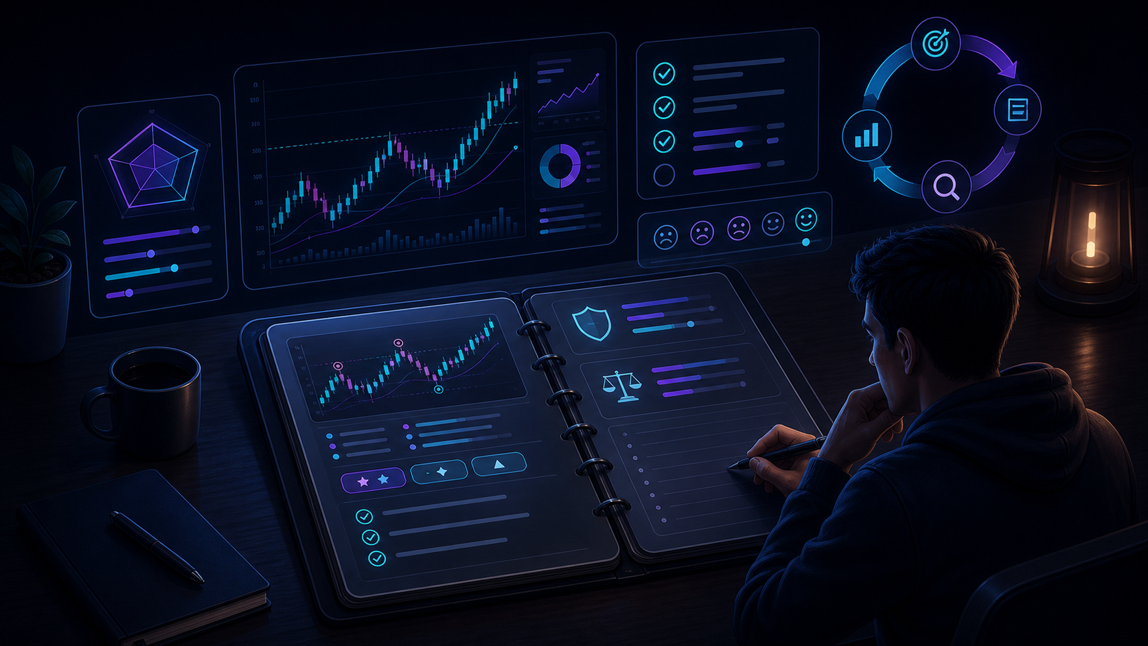 A clean trading journal workspace with chart screenshot, setup tags, risk notes, emotion state, and review loop
