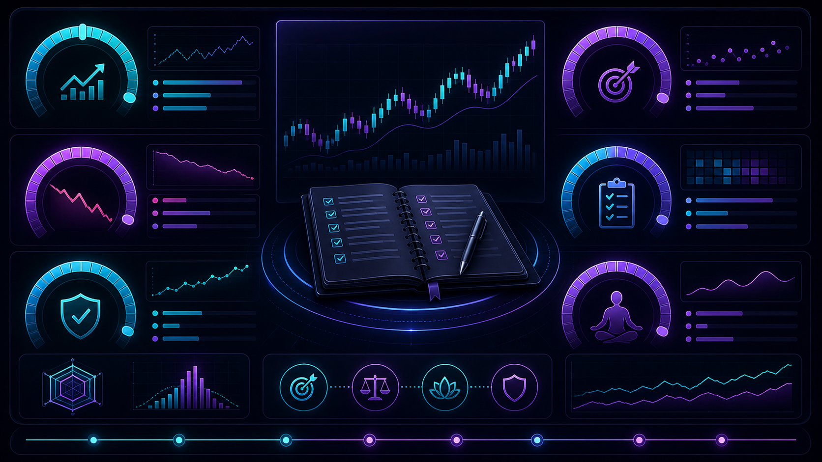 A trading metrics dashboard balancing PnL, expectancy, drawdown, rule adherence, setup quality, and emotional control