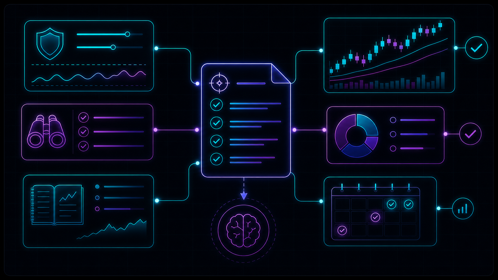 Trading plan document connected to risk limits, checklist, journal, and review cycle