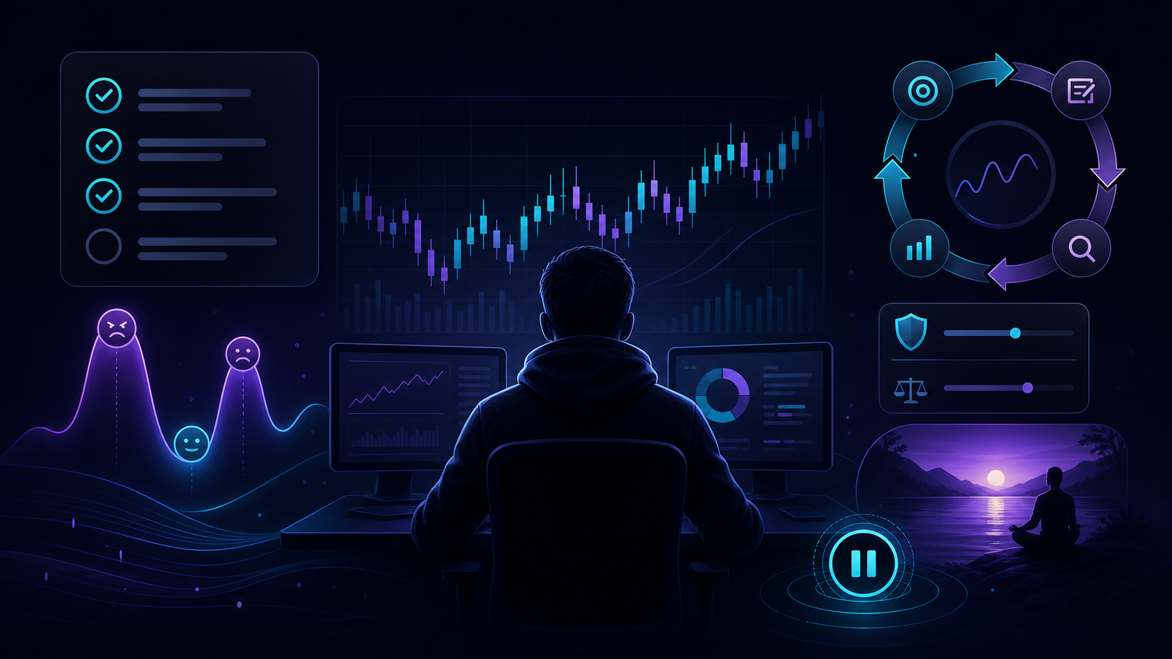 A trader psychology dashboard showing calm process, emotional spikes, review loops, and off-screen reset time