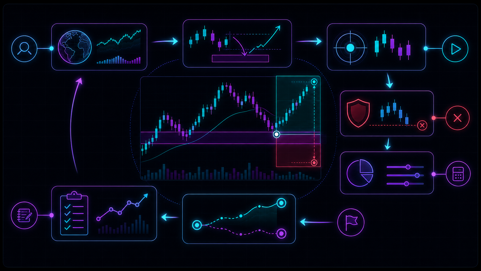 Trading strategy components arranged into a repeatable decision system
