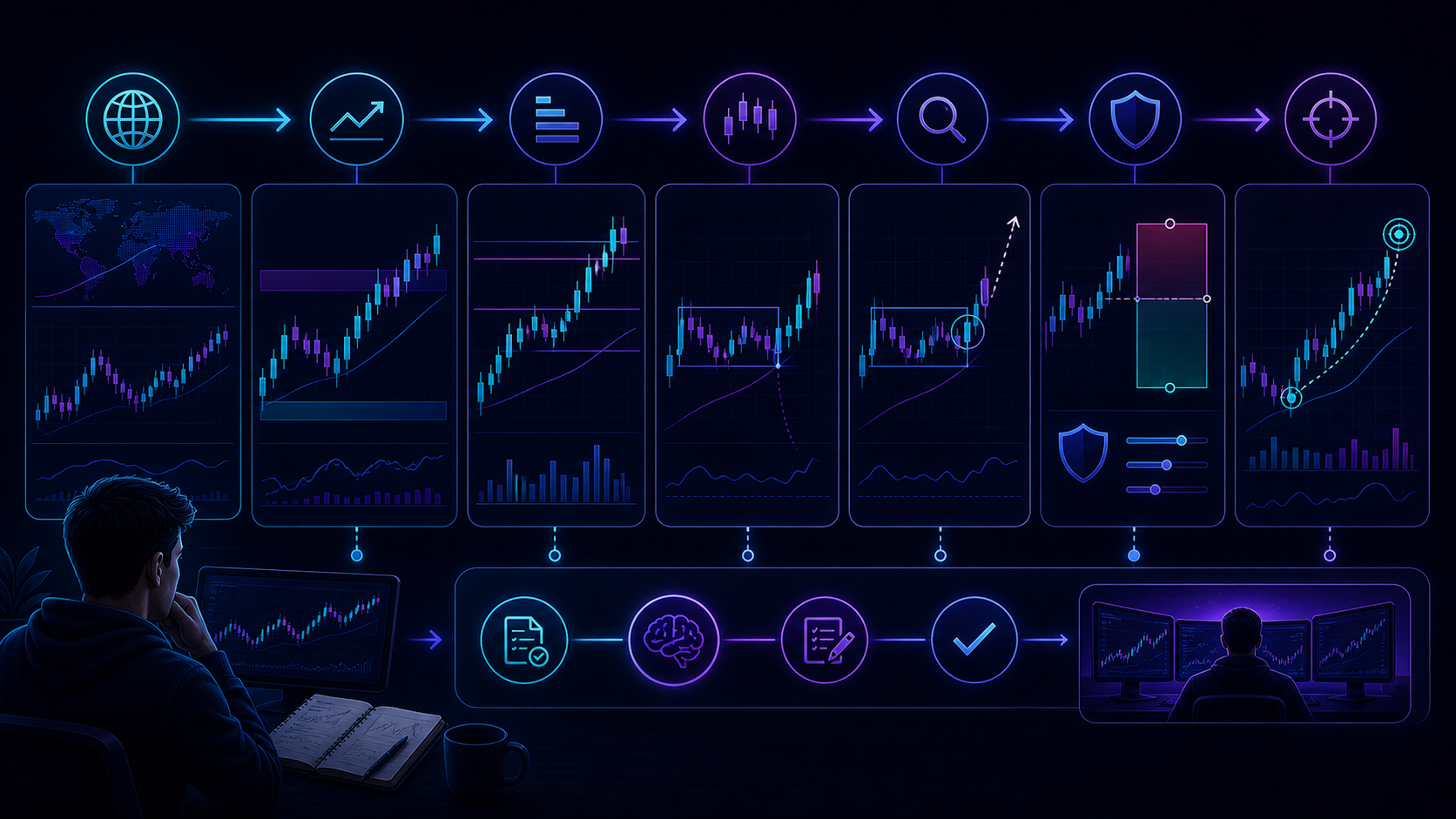 A trend-following workflow showing trend context, pullback to value, confirmation, invalidation, and continuation attempt