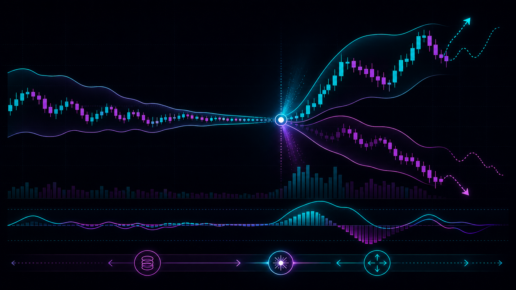Candles compressing into a tight coil before volatility expands outward
