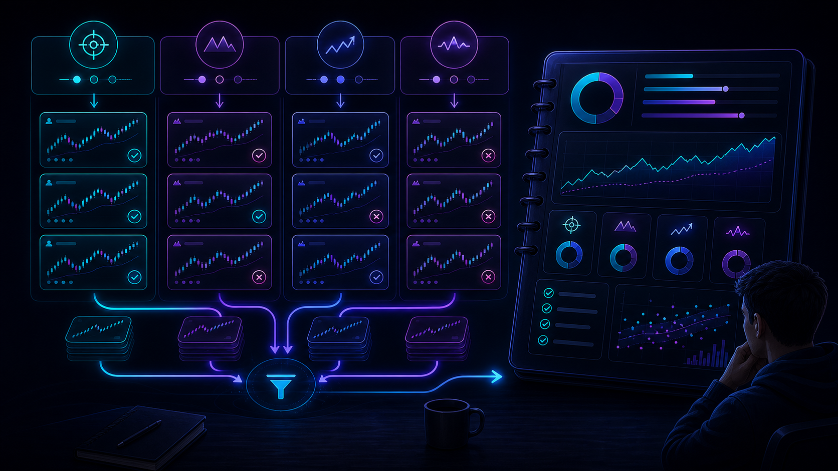 A weekly and monthly trading review workflow showing screenshots, tags, metrics, rule adherence, and one improvement focus