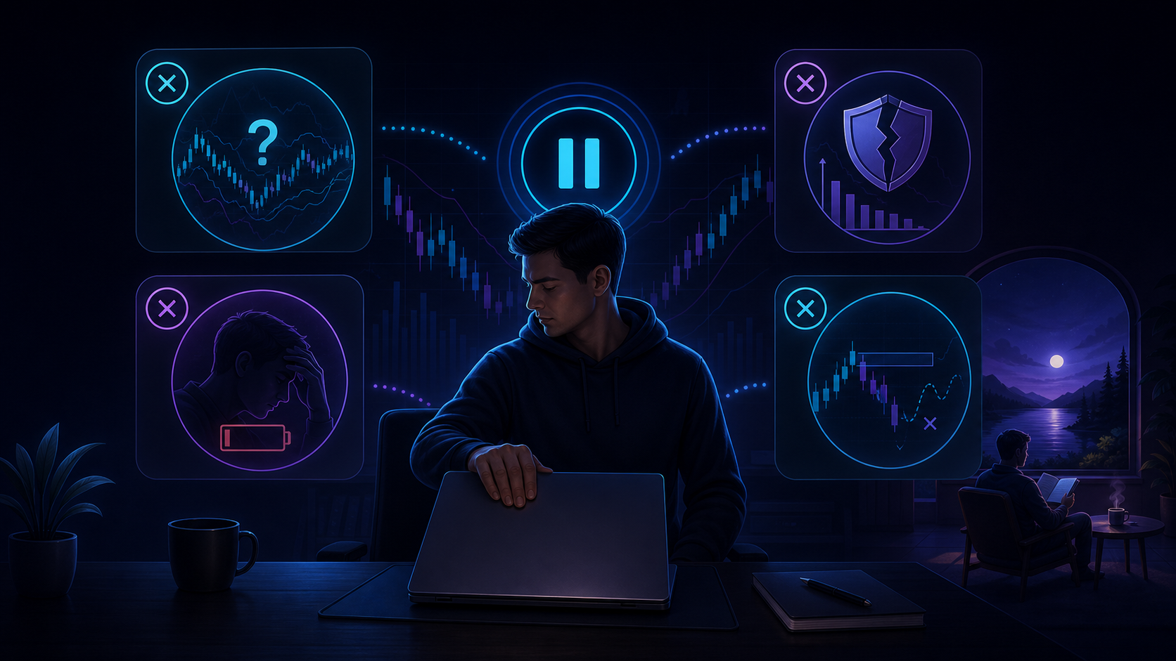 No-trade decision framework with market conditions, emotional state, risk limits, and screen break